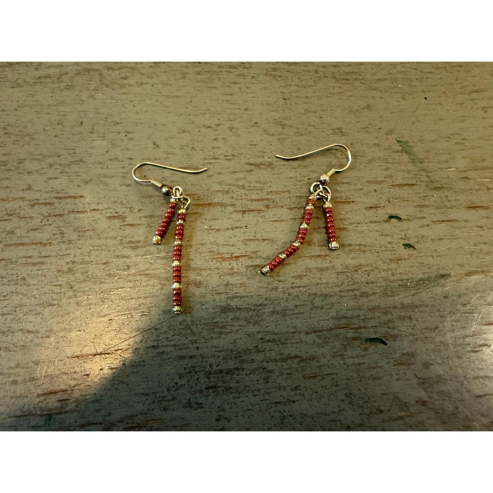Red Silver Seed Bead Dangle Earrings Double Strand Drop Fishhook Handcrafted